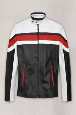 Black genuine lambskin leather jacket-stripes white red fashion style 1