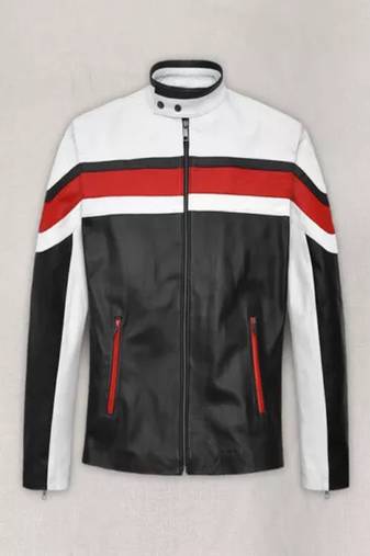 Black genuine lambskin leather jacket-stripes white red fashion style