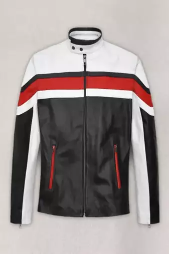 Black genuine lambskin leather jacket-stripes white red fashion style