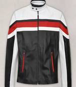 Black genuine lambskin leather jacket-stripes white red fashion style