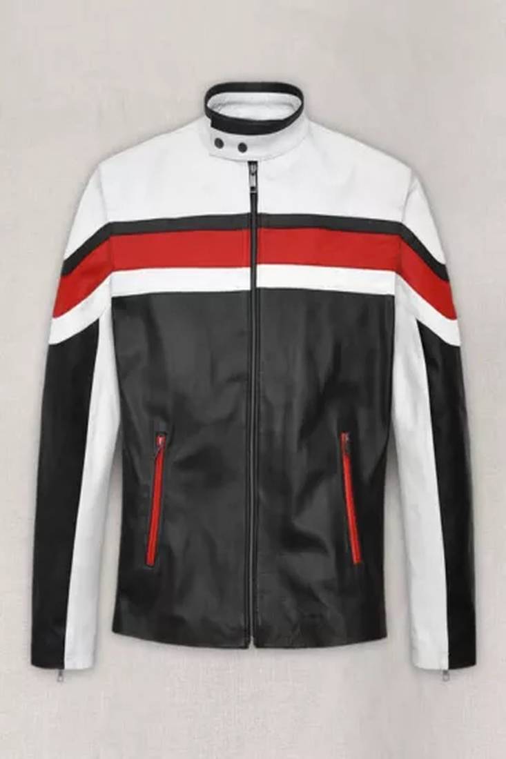 Black genuine lambskin leather jacket-stripes white red fashion style