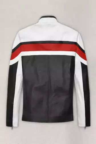 Black genuine lambskin leather jacket-stripes white red fashion style