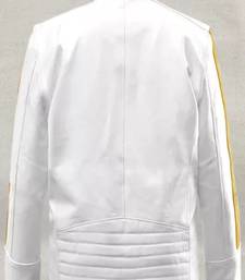 Men's white yellow stripe genuine lambskin  leather jacket