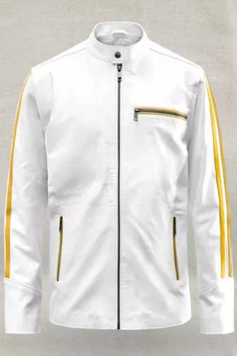 Men's white yellow stripe genuine lambskin  leather jacket