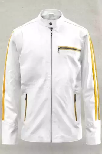 Men's white yellow stripe genuine lambskin  leather jacket