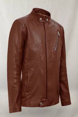 Men's brown cross zip pocket genuine lambskin  leather jacket 1