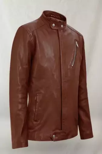 Men's brown cross zip pocket genuine lambskin  leather jacket
