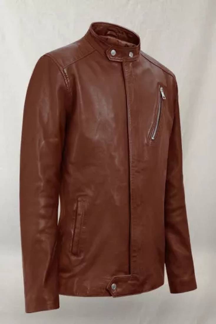 Men's brown cross zip pocket genuine lambskin  leather jacket