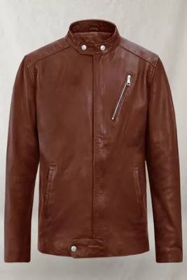 Men's brown cross zip pocket genuine lambskin  leather jacket 2