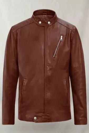 Men's brown cross zip pocket genuine lambskin  leather jacket