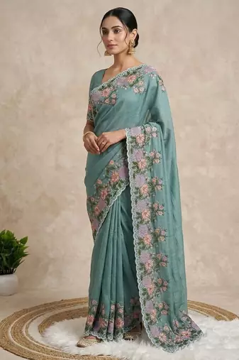 Teal Color  embroidery work  Silk Blend Saree
