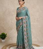 Teal Color  embroidery work  Silk Blend Saree