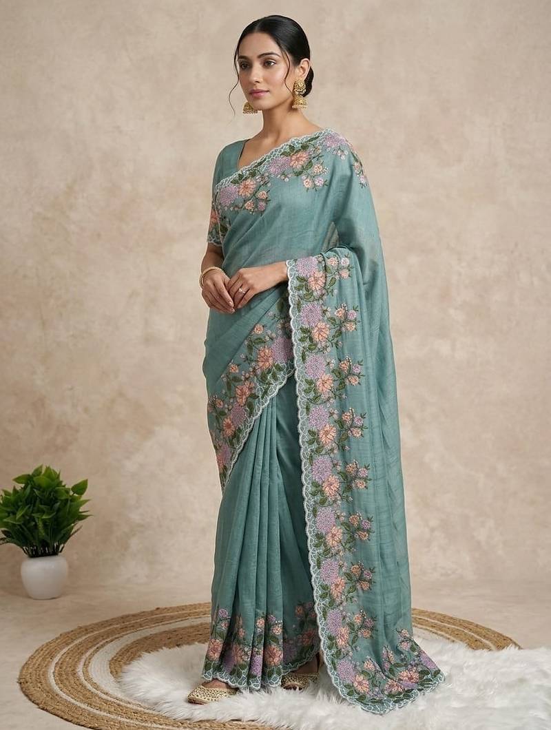 Teal Color  embroidery work  Silk Blend Saree