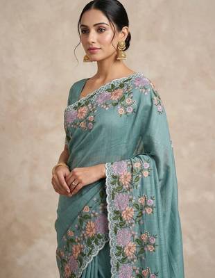 Teal Color  embroidery work  Silk Blend Saree 2