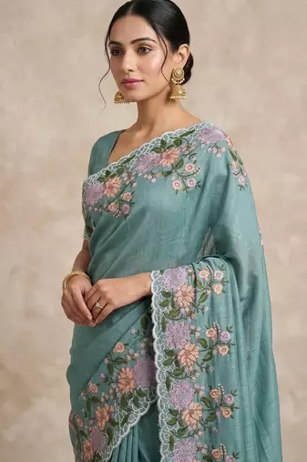 Teal Color  embroidery work  Silk Blend Saree