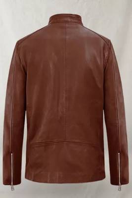 Men's brown cross zip pocket genuine lambskin  leather jacket 4