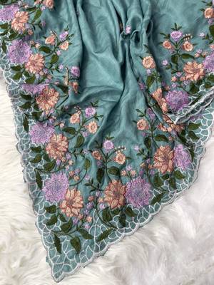 Teal Color  embroidery work  Silk Blend Saree 3