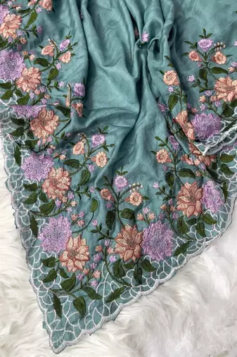 Teal Color  embroidery work  Silk Blend Saree