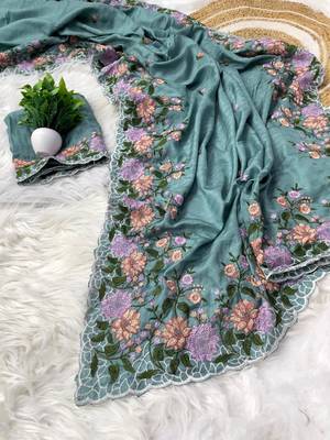 Teal Color  embroidery work  Silk Blend Saree 4