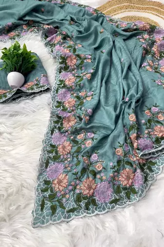 Teal Color  embroidery work  Silk Blend Saree