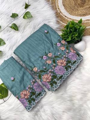 Teal Color  embroidery work  Silk Blend Saree 5