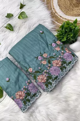 Teal Color  embroidery work  Silk Blend Saree