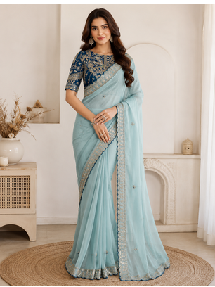 sky blue embroidery with sequins silk saree 1