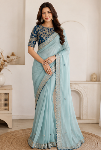 sky blue embroidery with sequins silk saree