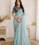 sky blue embroidery with sequins silk saree