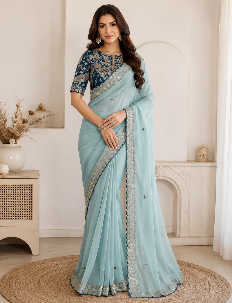 sky blue embroidery with sequins silk saree