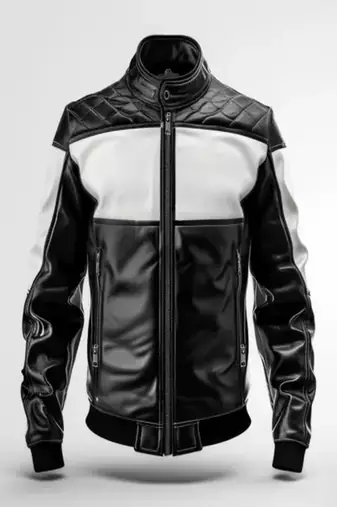 Men's white & black shoulder quilted genuine leather jacket-café racer