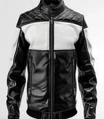 Men's white & black shoulder quilted genuine leather jacket-café racer