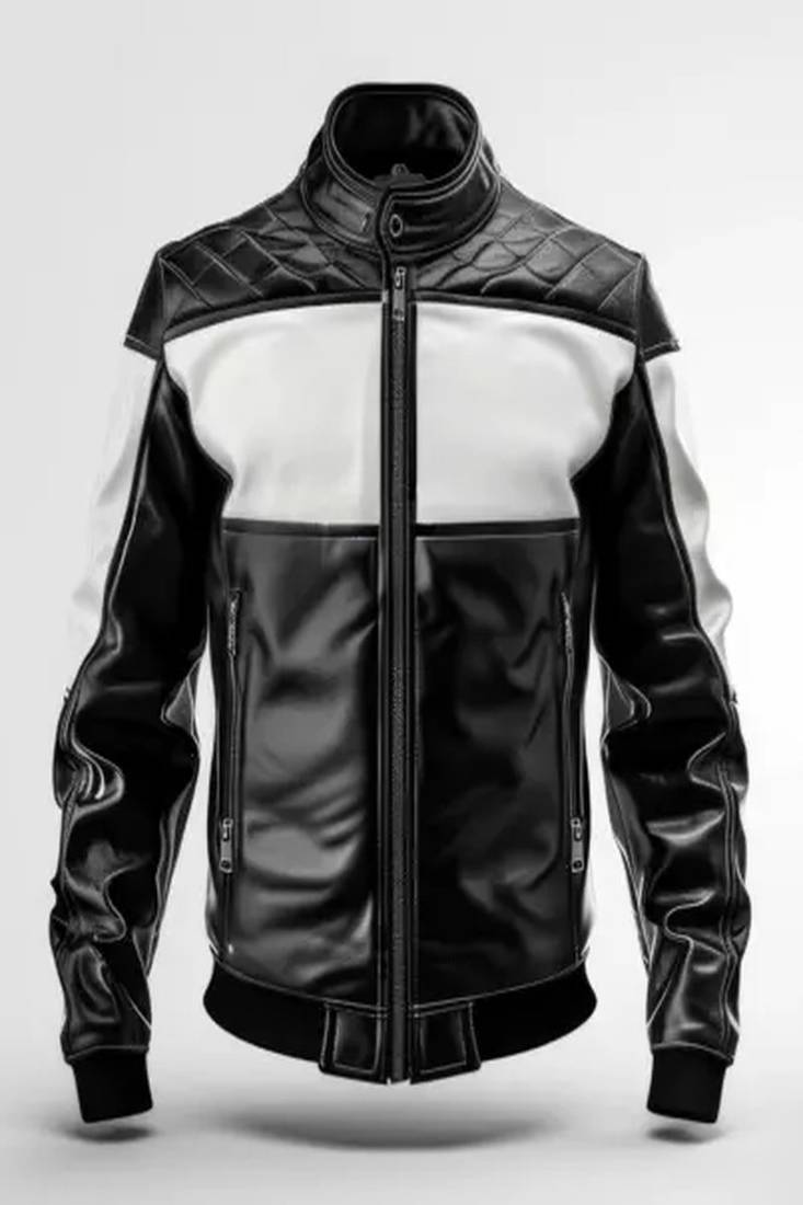 Men's white & black shoulder quilted genuine leather jacket-café racer