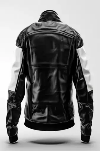 Men's white & black shoulder quilted genuine leather jacket-café racer