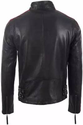 Biker style black lambskin leather jacket red white stripes style fastion 2