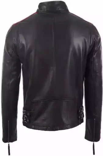 Biker style black lambskin leather jacket red white stripes style fastion