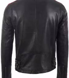 Biker style black lambskin leather jacket red white stripes style fastion