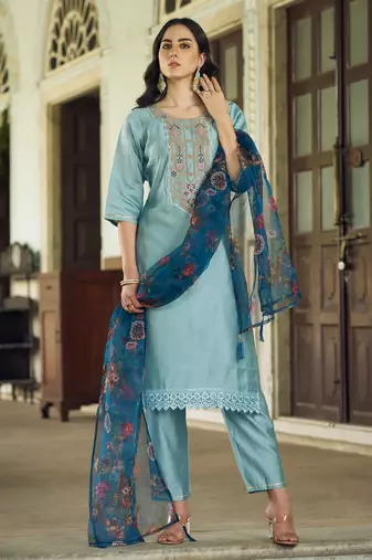 sky-blue fancy viscose rayon kurta set