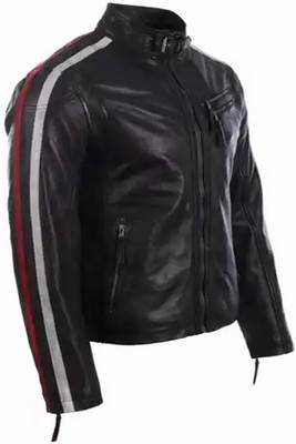 Biker style black lambskin leather jacket red white stripes style fastion 1