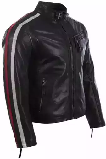 Biker style black lambskin leather jacket red white stripes style fastion