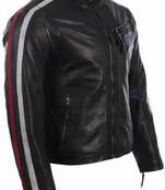 Biker style black lambskin leather jacket red white stripes style fastion
