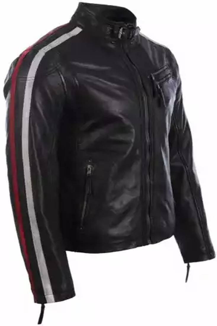 Biker style black lambskin leather jacket red white stripes style fastion