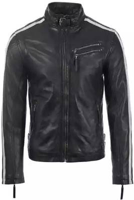 Biker style black lambskin leather jacket red white stripes style fastion 3