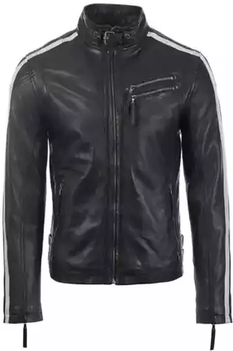 Biker style black lambskin leather jacket red white stripes style fastion