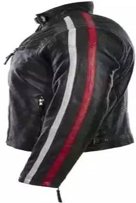 Biker style black lambskin leather jacket red white stripes style fastion 4