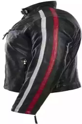 Biker style black lambskin leather jacket red white stripes style fastion
