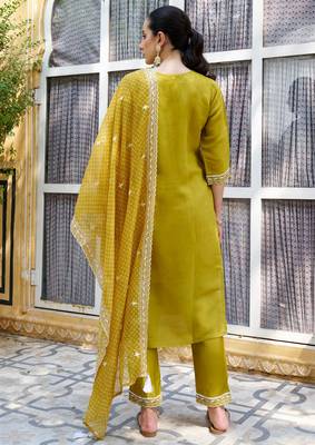 yellow fancy silk blend kurta set 3