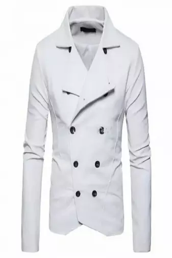 Men's white biker lambskin leather jacket-button spread collar