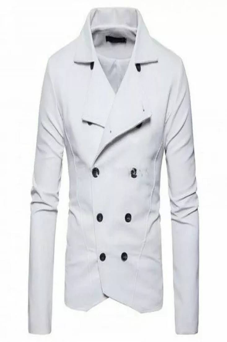Men's white biker lambskin leather jacket-button spread collar