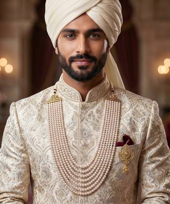   groom sherwani necklace layered moti mala for wedding | groom mala with brooch set 6